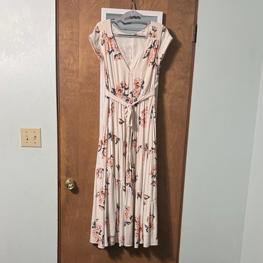 Free People Floral Maxi Dress - Cream with peach, pink, brown gray flowers.